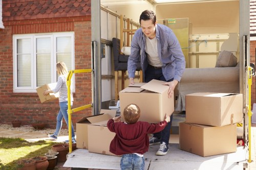 Office furniture and boxes prepared for a local move